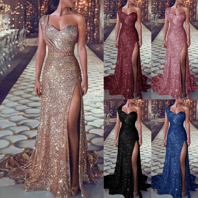 formal royal blue Long Gold Evening Reflective Dresses One Shoulder Sequined Plus Size Prom Gowns Party Dress Robes De Soirée Abendkleider