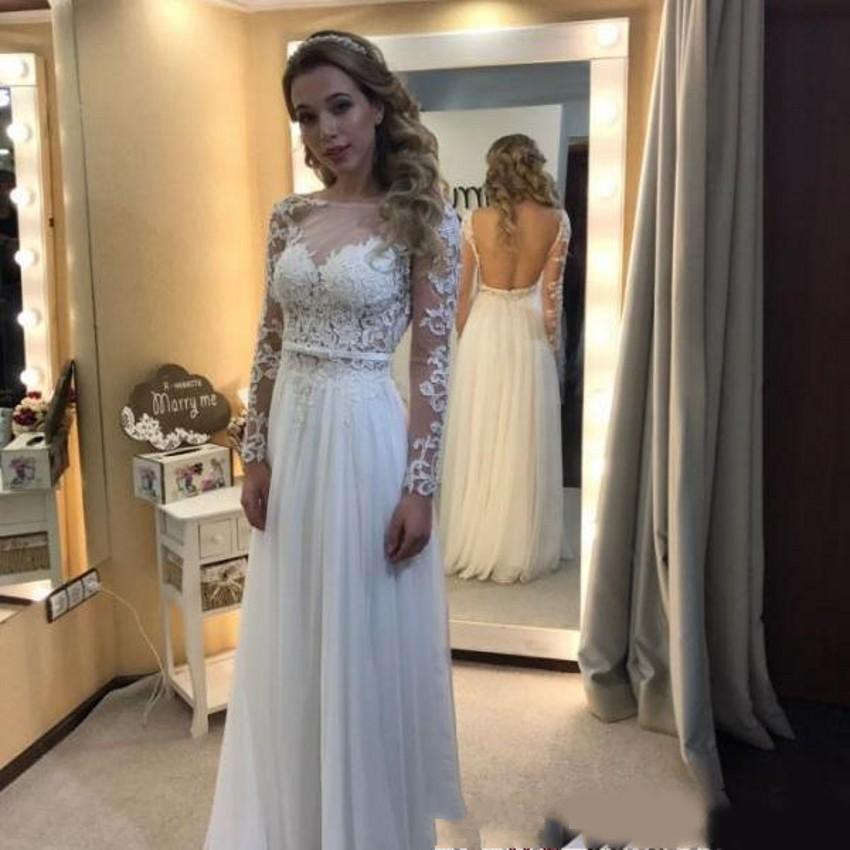 Elegant Long Sleeve A-line Beach Wedding Dresses Backless Appliques Chiffon Bridal Wedding Gowns Vestido De Novia