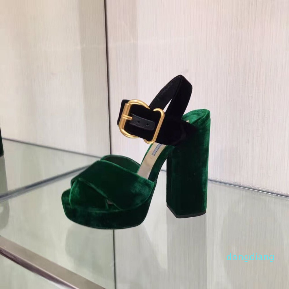 Hot Sale-nuine Leather Velvet Women HIgh Heel Sandals Buckle Strap Platform Women Thick Heel Pumps Shoes Women