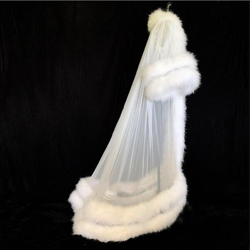 White Double Deluxe Women Robe Fur Nightgown Bathrobe Sleepwear Bridal Robe Marabou/Charmeuse Dressing Gown Party Gifts Bridesmaid Dress