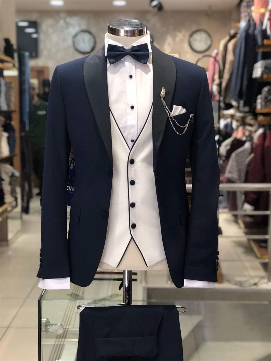 Navy Blue Groom Tuxedos Black Lapel Groomsman Wedding Tuxedos Fashion Men Prom Party Jacket Blazer 3 Piece Suit(Jacket+Pants+Tie+Vest) 470