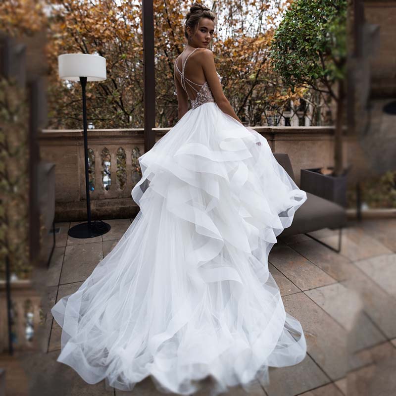 2019 Spaghetti A Line Wedding Dresses Sleeveless Unique Pearl and Beading Luxury Tiered Ruffles Tulle Bridal Gowns