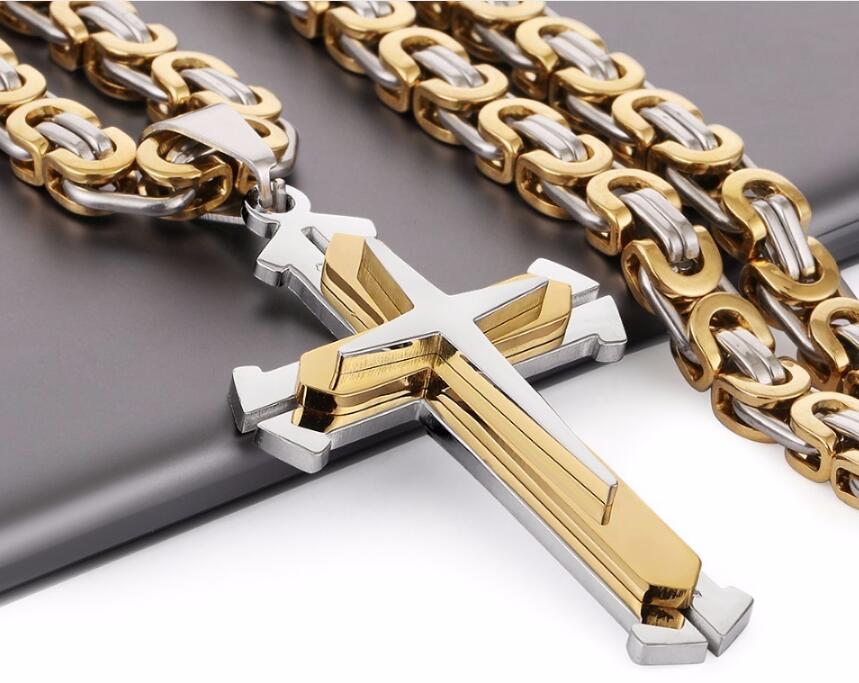 Low Price Stainless Steel Pendant Necklace 3 Layers Knight Cross Gold Silver Tone Strong Chain Mens Fashion Jewelry Fathers Gift