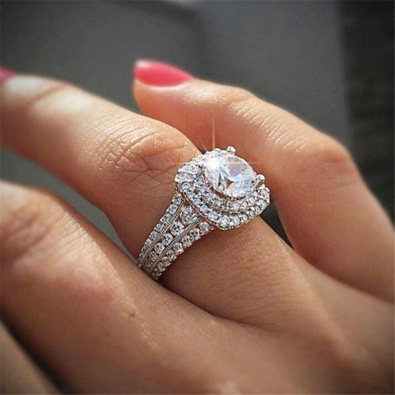 Ring: Sterling Sier Round Cut White Topaz & CZ Dia Wedding Band, Elegant Engagement Ring for Women Free shipping
