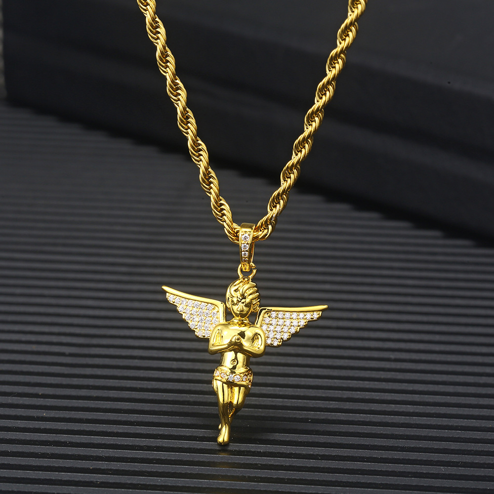 Full Charm White Zirconia Hip Hop Praying Hands Flying Angel Pendant Necklace Jewelry Fairy Crystal Wing Pendants