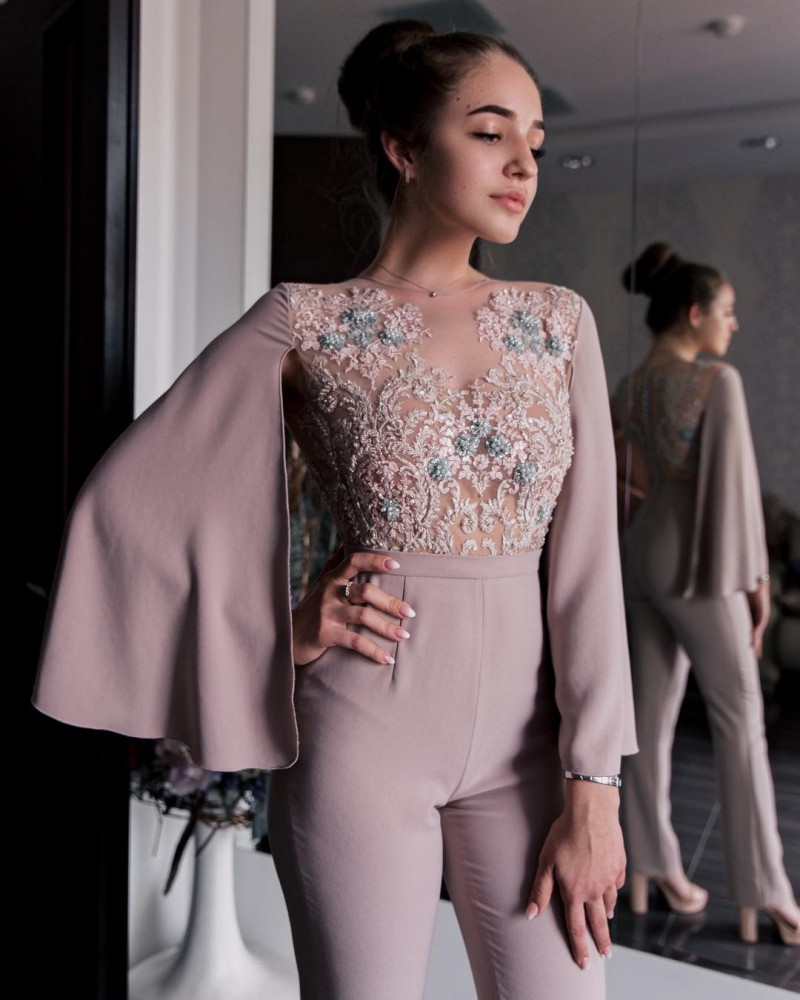 New Arrival Prom Dresses with Wrap Women Jumpsuits Lace Appliqued Ankle Length Beaded Elegant Evening Formal Dress 2019