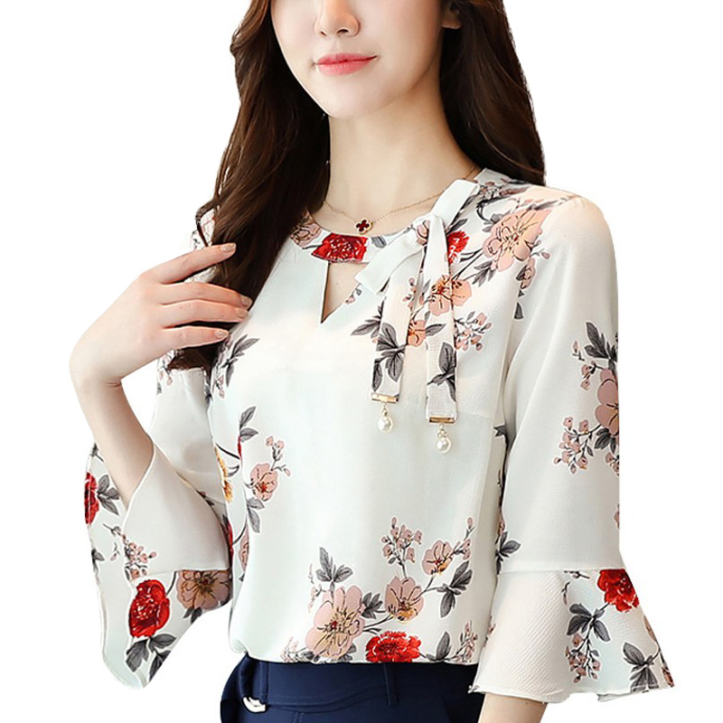 Fashion-New flower printing Women Blouses shirt flare Sleeve Chiffon women's clothing casual V Collar bow women tops Blusas