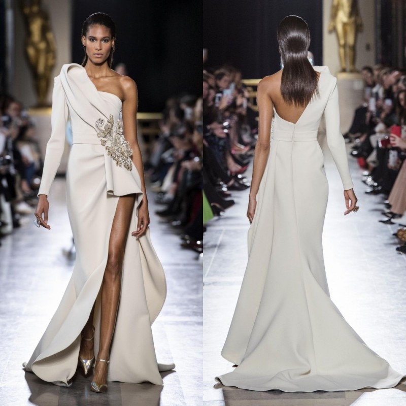 elie saab side split evening dresses one shoulder sequined beads appliqued prom gowns satin long sleeve party dress