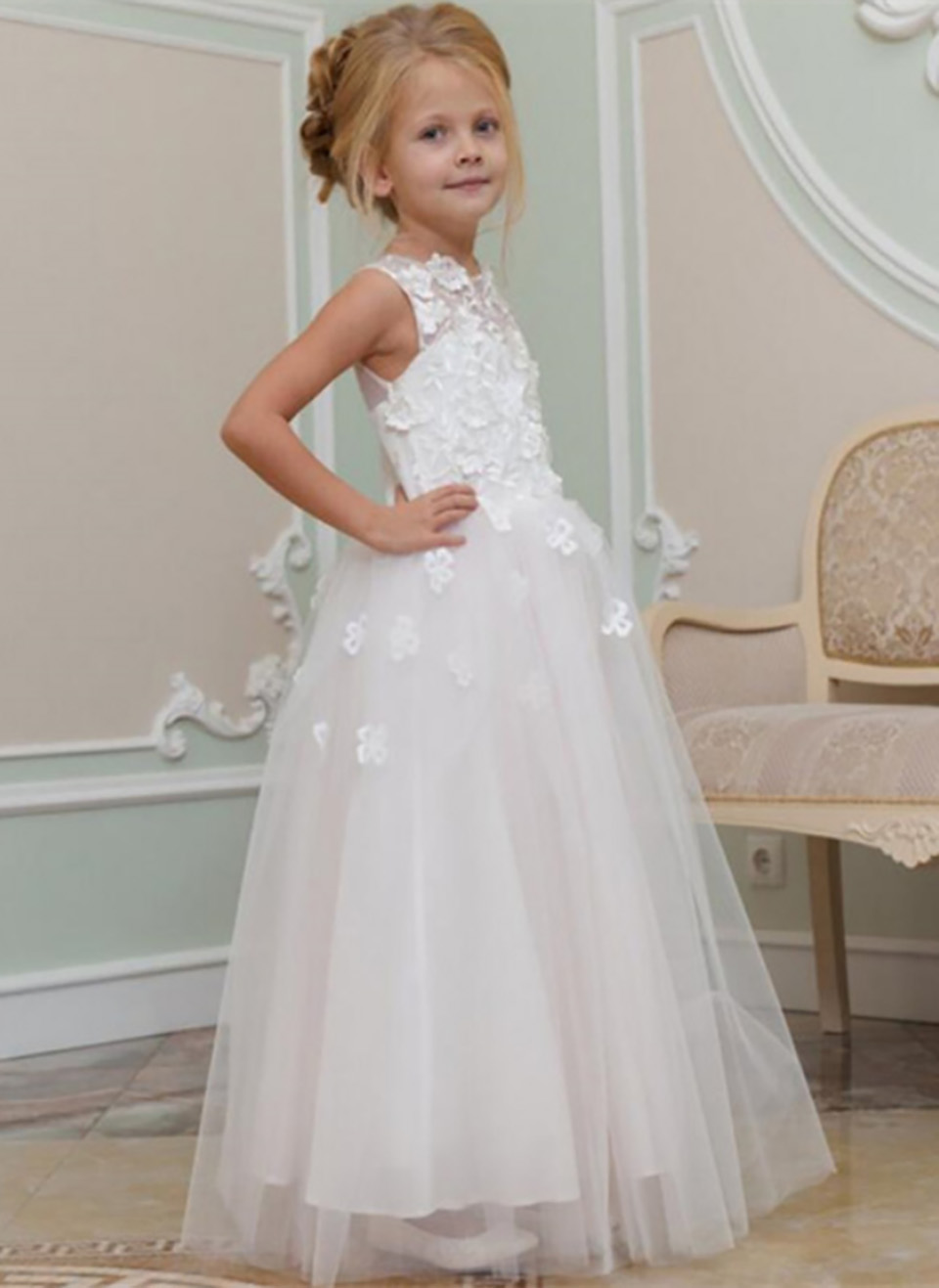 Elegant Flower Girl Dresses Sleeveless Lace Applique Princess Dress For Pageant First Holy Communion Party Dresses