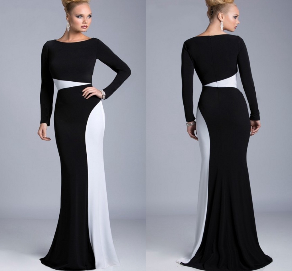 2020 Elegant Black and White Long Satin Formal Evening Dress Arabic Dubai Long Sleeve Mermaid Party Evening Gowns robe de soiree