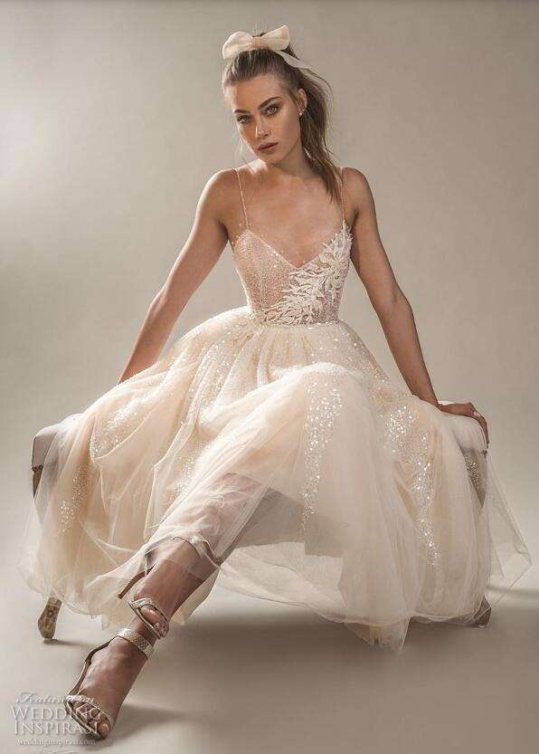 2019 Short Wedding Dresses Spaghetti Lace Sequins Applique Bohemian Champagne Wedding Dress A Line Cheap Bridal Gowns Boho Style