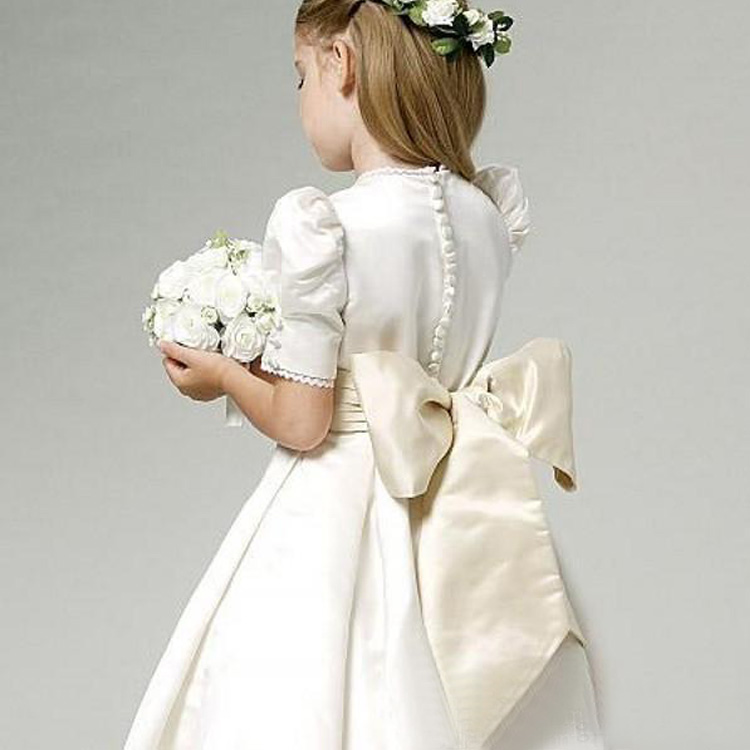 Satin Flower Girls Dresses Jewel Neck Half Sleeve Gowns With Bow Sash Ankle Length Kids Birthday First Holy Communion Dresses