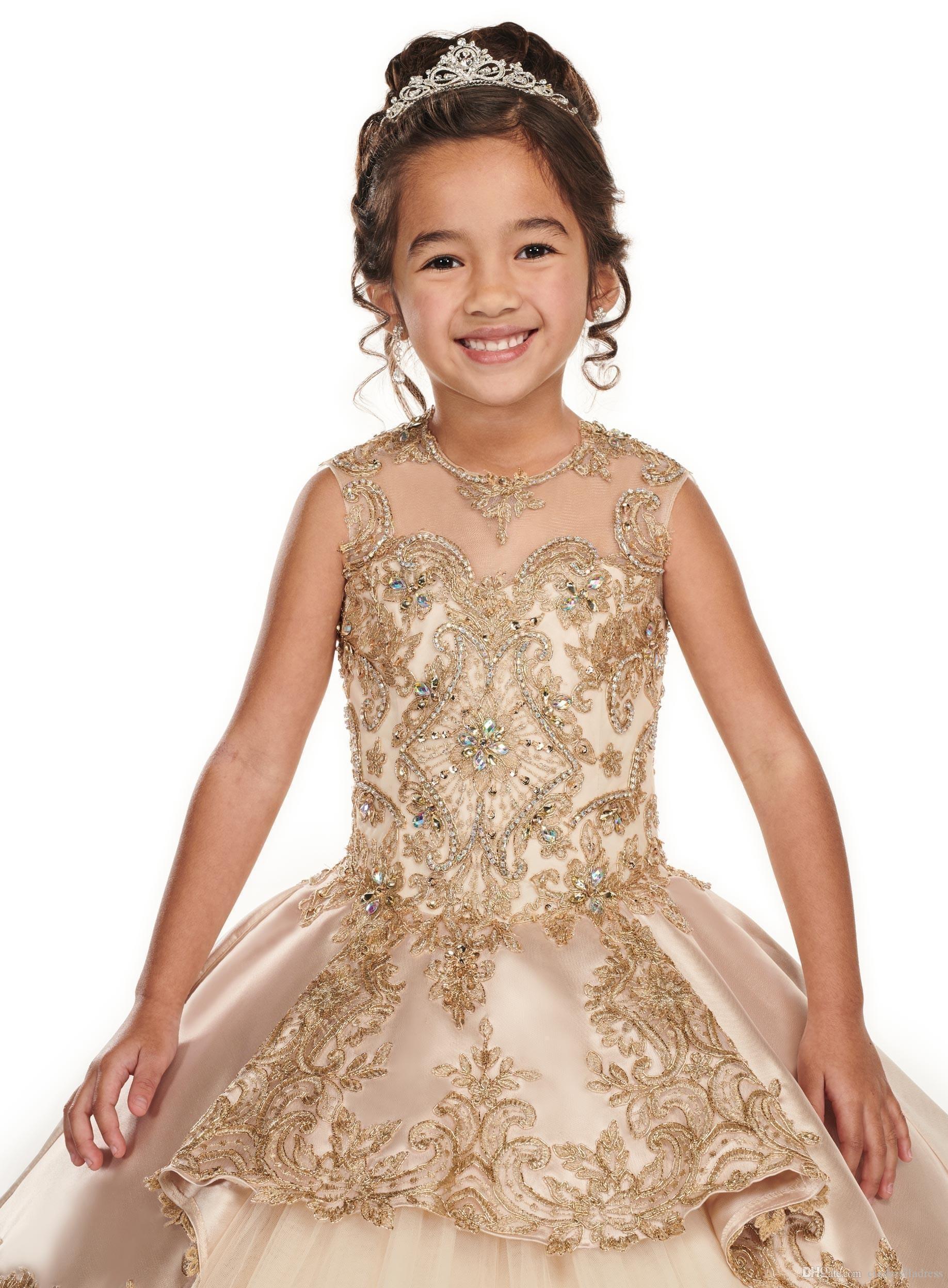 Gold Applique Lace Champagne Girls Pageant Dresses 2020 Cap Sleeve Jewel Beaded Crystal First Communion Flower Girls Dress BC2500