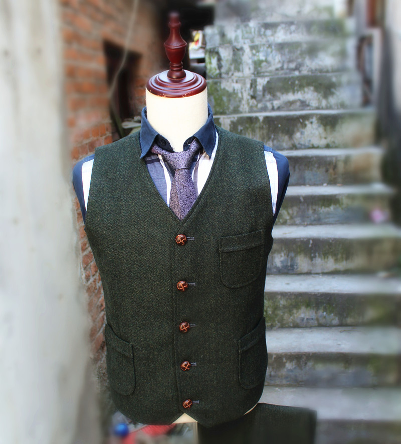 2019 Dark Green Groom Vests Country Wedding Wool Herringbone Tweed Vest Slim Fit Men's Suit Vest Dress Coat Dress Waistcoat Farm B124