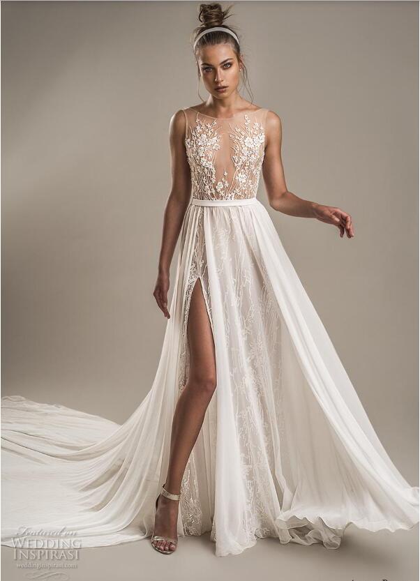 2019 Cheap Beach Wedding Dresses With Detachable Overskirts Illusion Bodice Lace Appliqued Sexy Side Split Bridal Gowns A Line Wedding Dress