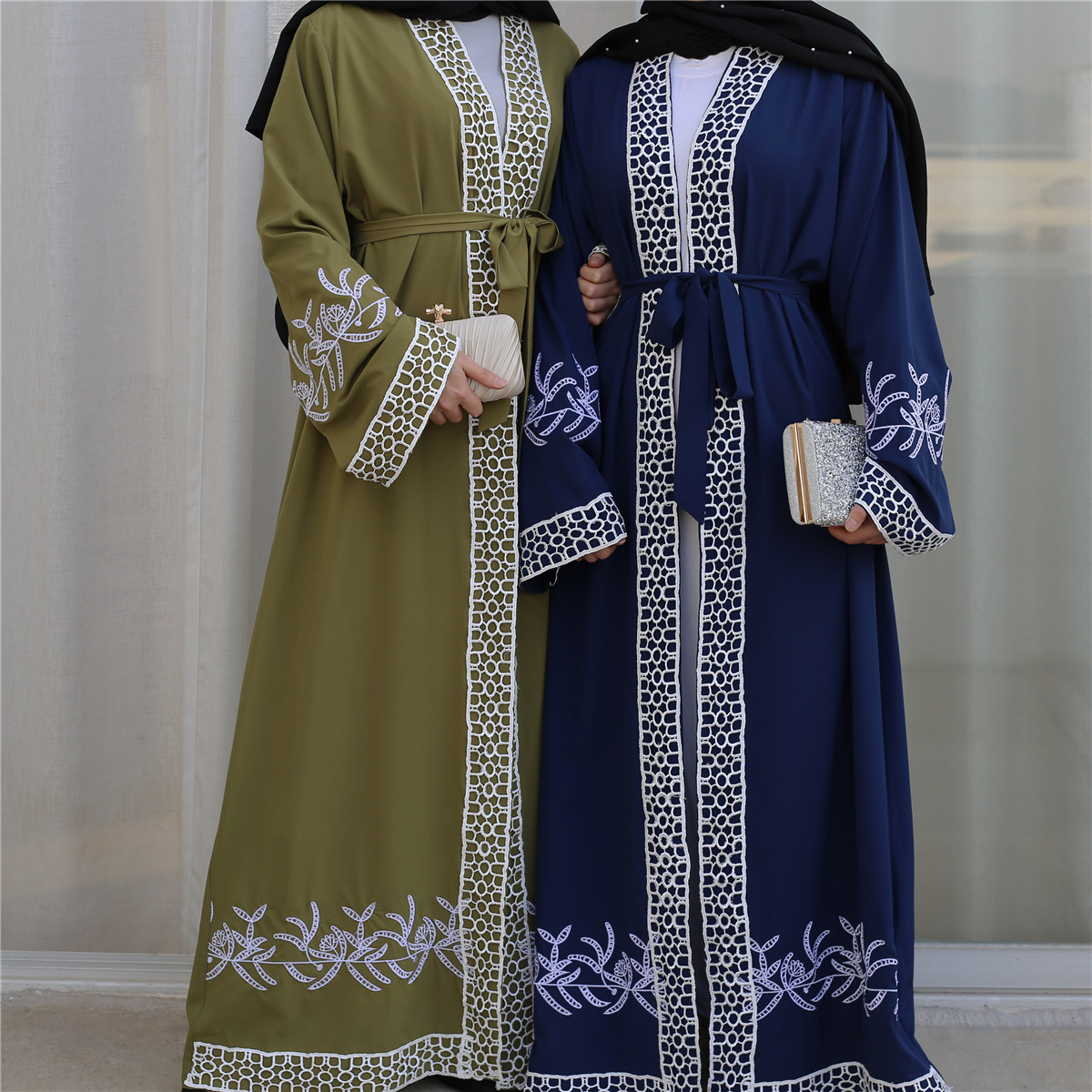 Modest Muslim Women Embroidery Abaya Dress with Belt S-2XL Plus Size Islamic Clothing Patchwork Turkish Kaftan Abaya