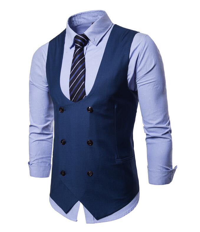 Men Vest Double Breasted Waistcoat 2018 England Style Sleeveless U-Neck Suit Vest Wedding Slim Cotton Gilet Plus Men Clothes