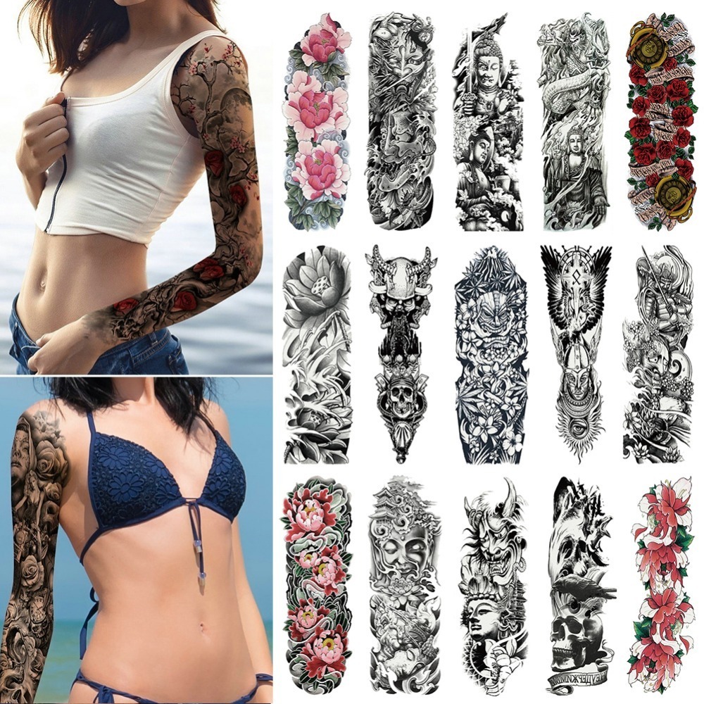 2018 New Full Flower Arm Tattoo Sticker Skeletons And Roses Temporary Body Paint Water Transfer Tattoo Sleeve