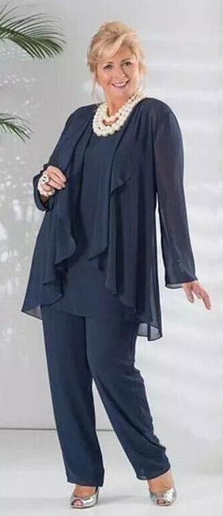 2020 Elegant Mother of the Bride Pant Suits Dark Navy 3 Pieces Chiffon Long Sleeves Mother's Dresses Plus Size Wedding Guest Dress