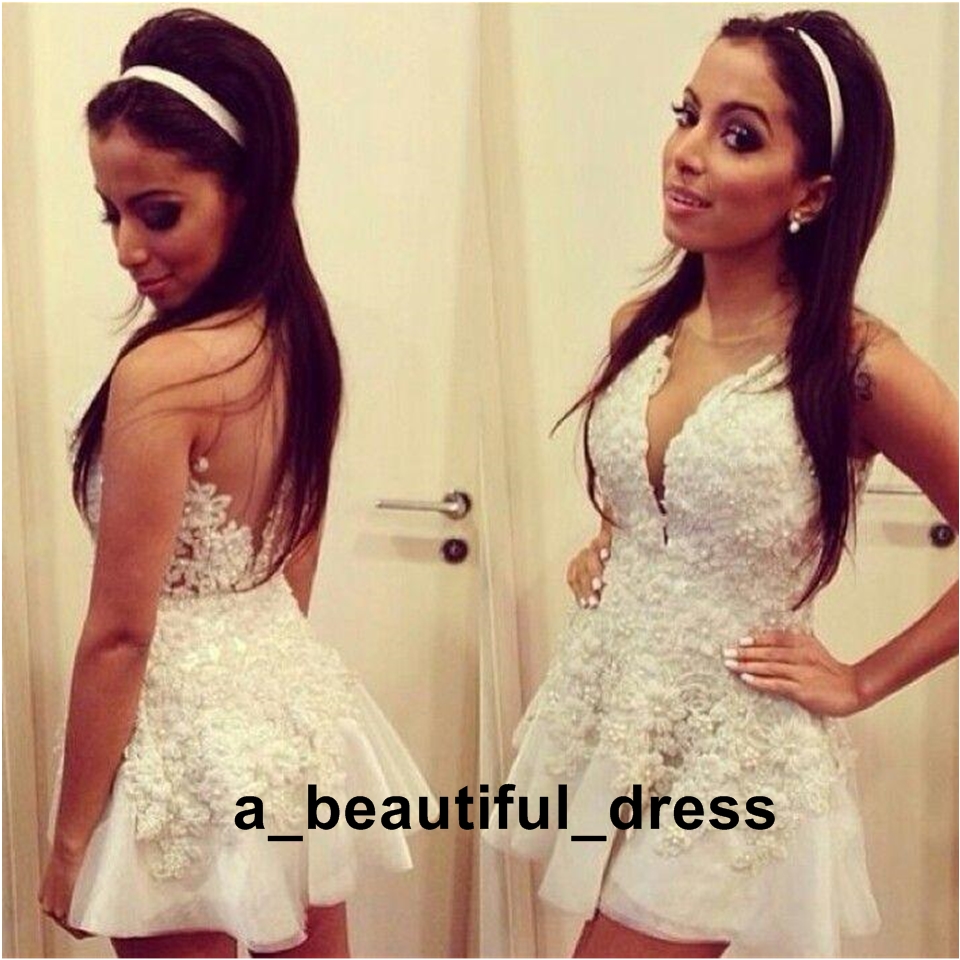 Elegant Evening Dress Homecoming Short Prom Dresses Crew Sheer Neck with Lace Appliques deep V Shape Mini Cocktail Party Gowns Cheap ED1275