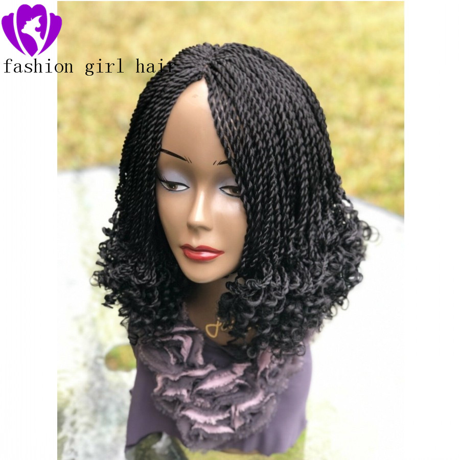 Fashion Short Braided Wigs for Black Women Cornrow Braids Wigs Synthetic Lace Front Wig with Baby Hair short twist Wig with curly tips