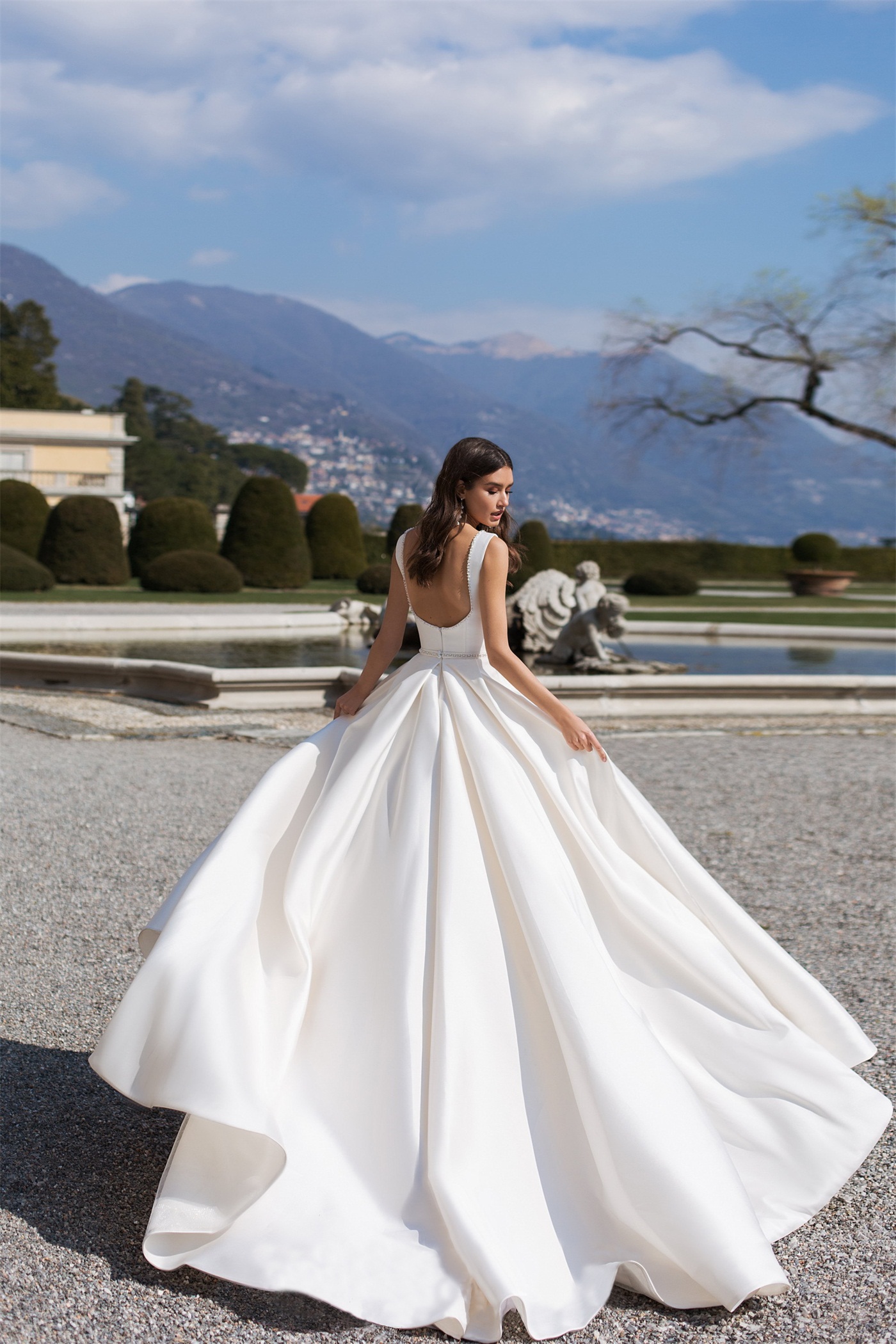 simple generous wedding v neck beaded sleeveless bridal dress court train satin illusion backless custom made robes de marie