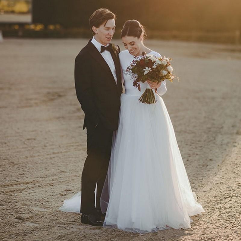 Fall 2019 Modest Long Sleeve Wedding Dresses Jewel Neck Natural Waist A Line Sweep Train Ivory Satin and Tulle Plain Bridal Gowns