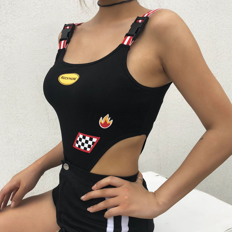 Sexy Strappy Bodysuit Women Checkerboard And Fire Print Body Mujer Black Striped Patchwork High Waist Bodycon Bodysuits