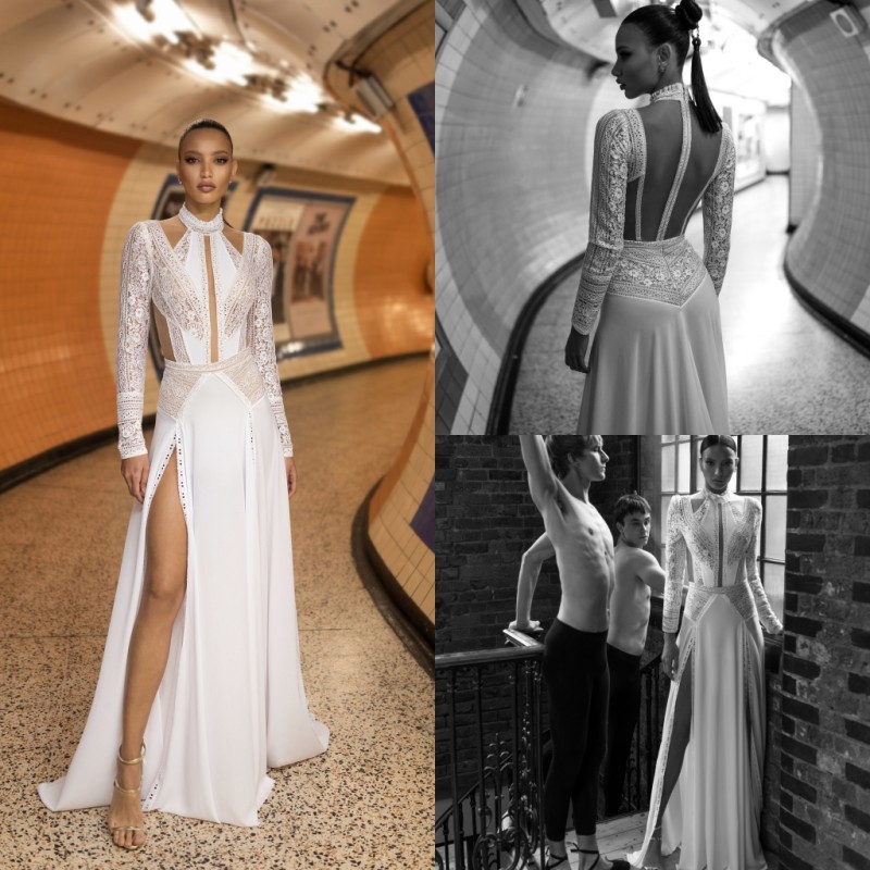 lior charchy lace long sleeve wedding dresses high collar side splits sexy boho wedding dress plus size bridal gowns