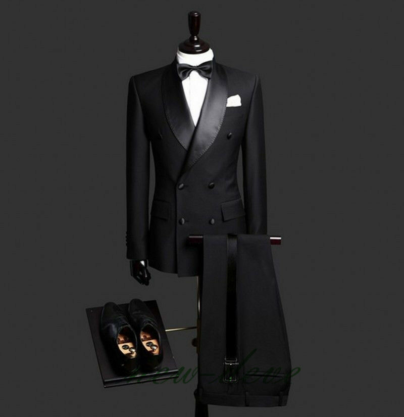 Slim Fit Black Wedding Tuxedos 2 Pieces Double Breasted Shawl Lapel Groom Wear Party Prom Best Men Blazer Suit(Jacket+Pants)