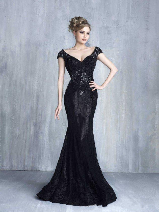 tony chaaya black mermaid prom dresses cap sleeve deep v neck lace appliqued dress evening wear deep sweep train formal gowns
