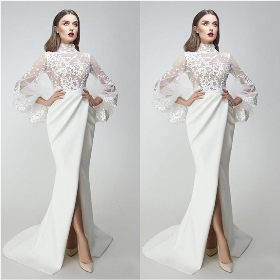 Prom Dresses New 2020 Lace Appliqued Long Sleeves Side Split Mermaid Evening Gowns Sweep Train Special Occasion Dress Party Dress