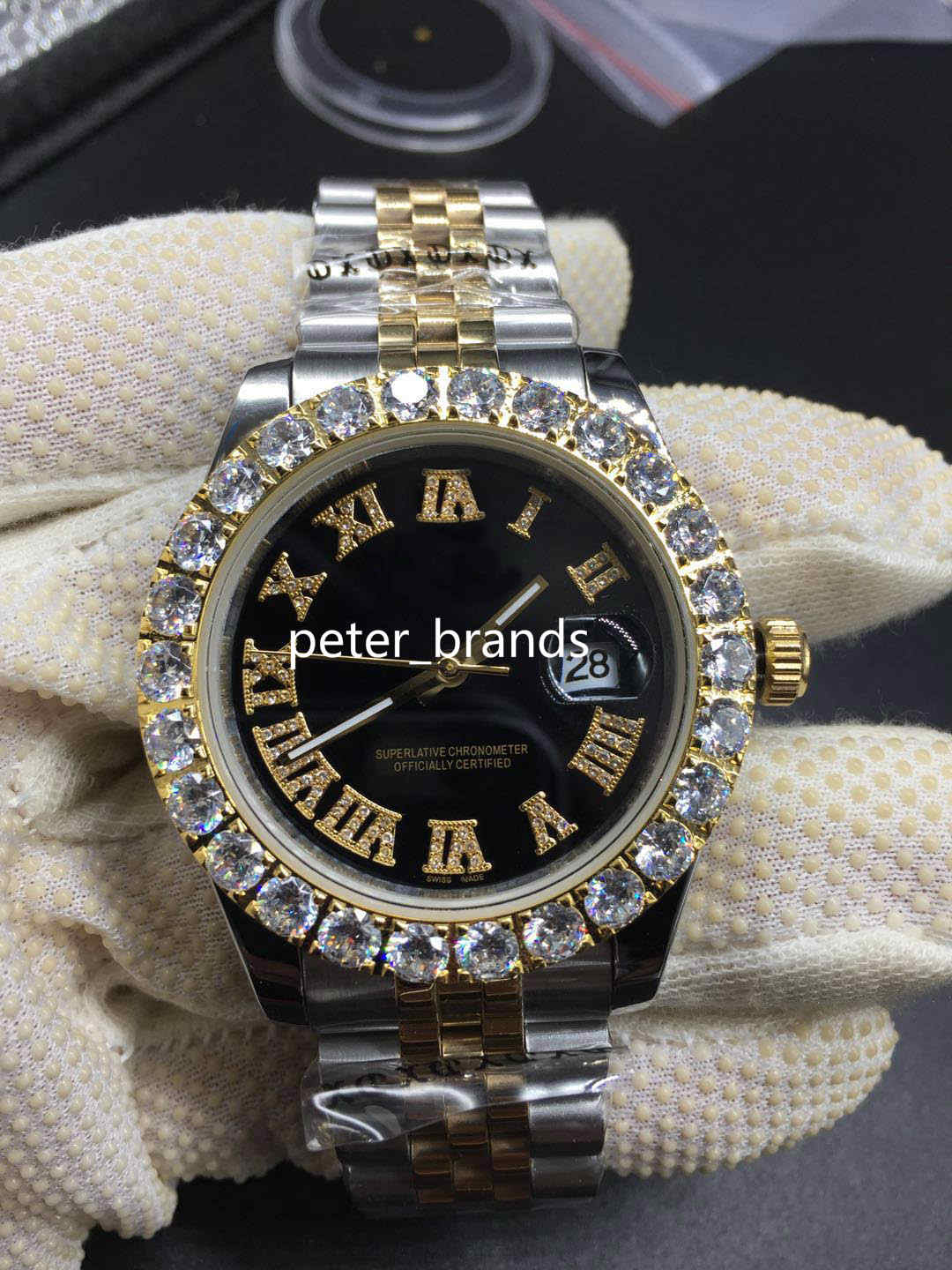Prong Set Diamond Watches two tone silver gold 43mm Bigger Diamond Dial bezel Automatic Fashion Men's Watch, Black face
Prong Set Diamond Watches two tone silver gold 43mm Bigger Diamond Dial bezel Automatic Fashion Men's Watch, Black face