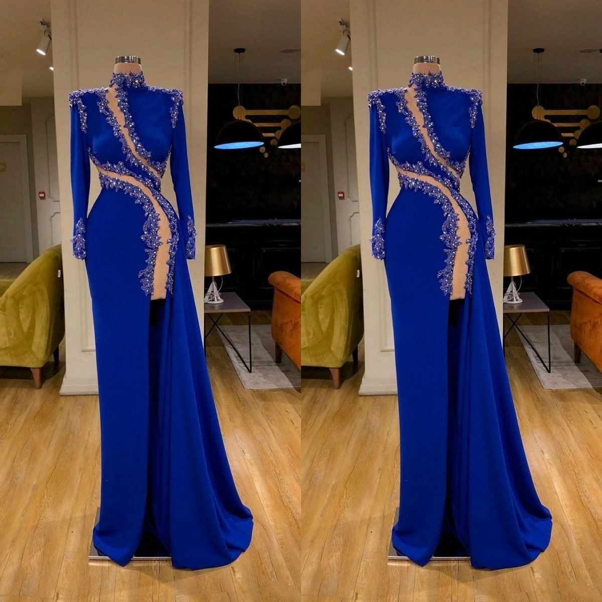 2020 Arabic African Royal Blue Evening Dresses High Neck Satin High Side Split Prom Dress Beaded Long Sleeve Vestidos De Novia Celebrity, Dark navy
2020 Arabic African Royal Blue Evening Dresses High Neck Satin High Side Split Prom Dress Beaded Long Sleeve Vestidos De Novia Celebrity, Dark navy