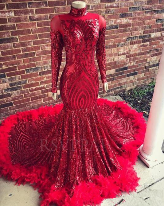 High Neck Feather 2020 Prom Dresses Crystal Sequined Mermaid Long Sleeve Evening Dresses Formal Gowns Vestidos de fiesta