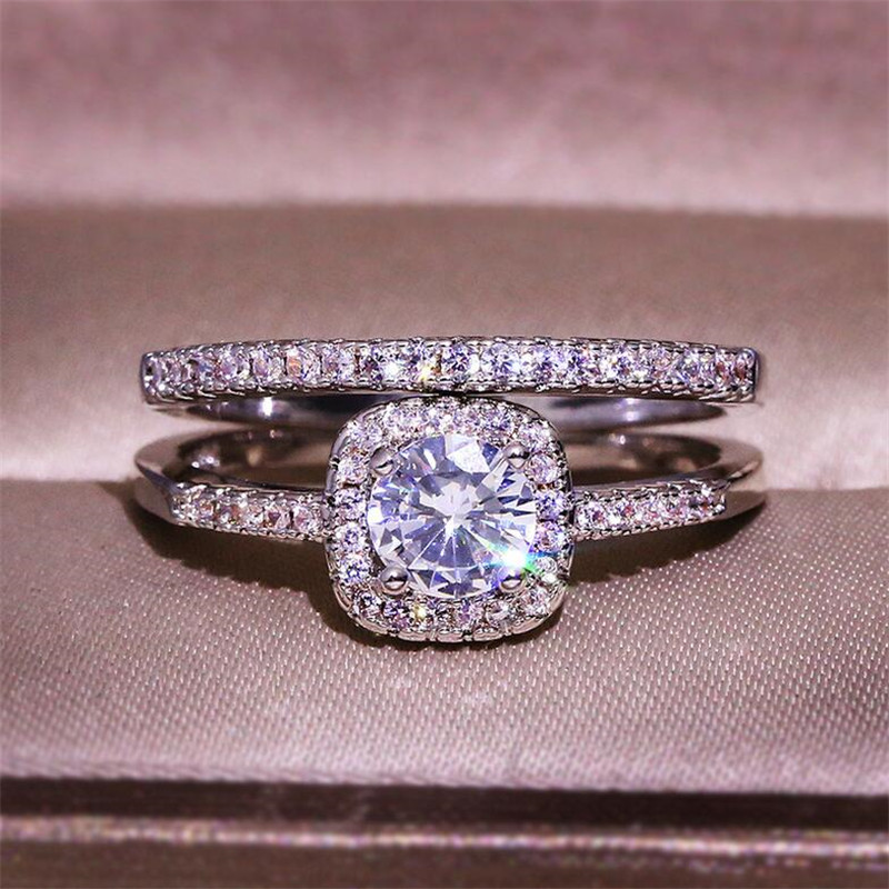 Couple Rings Luxury Jewelry 925 Sterling Silver Round Cut 5A Cubic Zirconia CZ Diamond Eternity Party Women Wedding Bridal Ring Set Gift