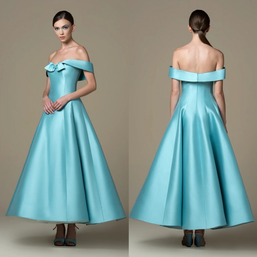 A Line Stylish Off The Shoulder Prom Dresses With Bow Tie Formal Dress Floor Satin Ankle Length Short Evening Gowns nkle
