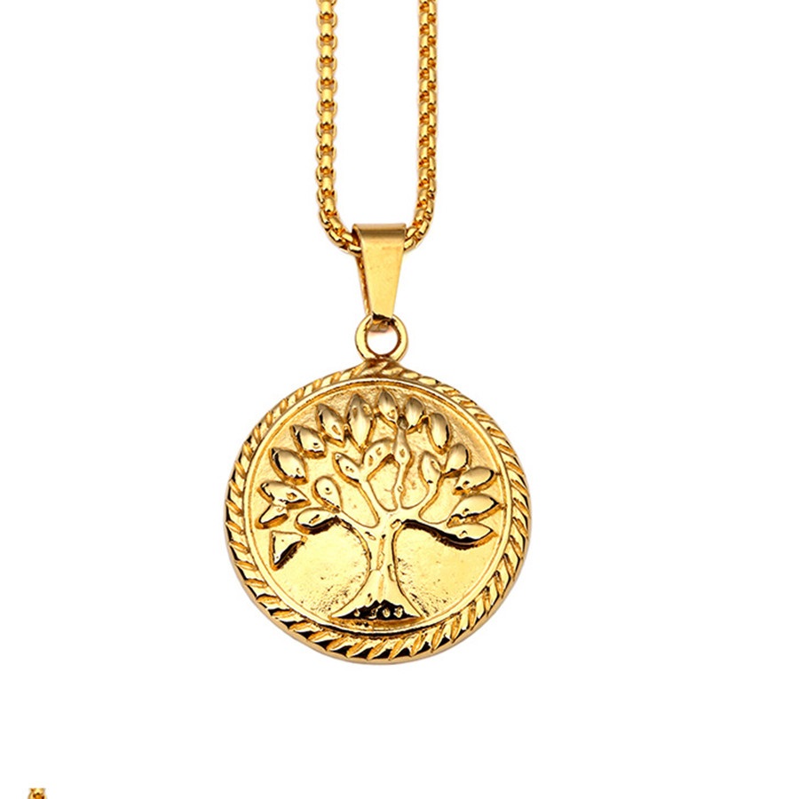 Fashion Mens Women 18k Gold Plate Pendant Necklace Round Charm Tree of Life Pendants Stainless Steel 60cm Long Chain Design Hip Ho