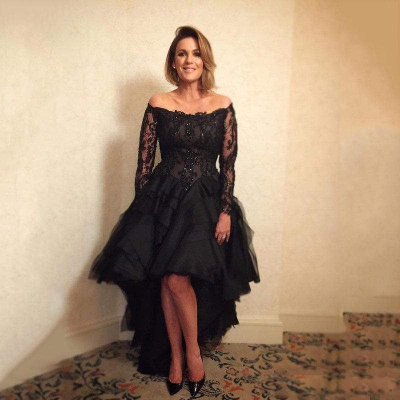 2020 New Arrival A Line Evening Dresses Strapless Long Sleeve Tulle Lace Formal Dresses Hi Lo Zipper Sequins Party Gown