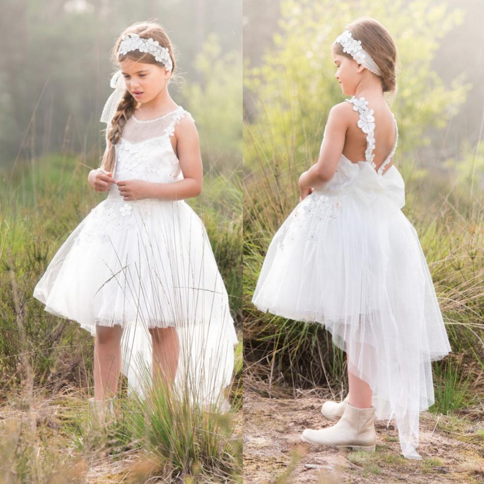 white bohemian flower girls dresses jewel neck lace high low kids wear girls pageant gowns backless appliqued girl dress