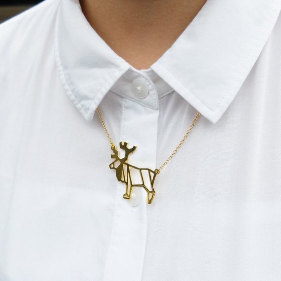 5PCS Geometric Christmas Origami Deer Necklace Animal Antler Reindeer Horn Stag Woodland Moose Bambi Elk Charm Chain Necklaces