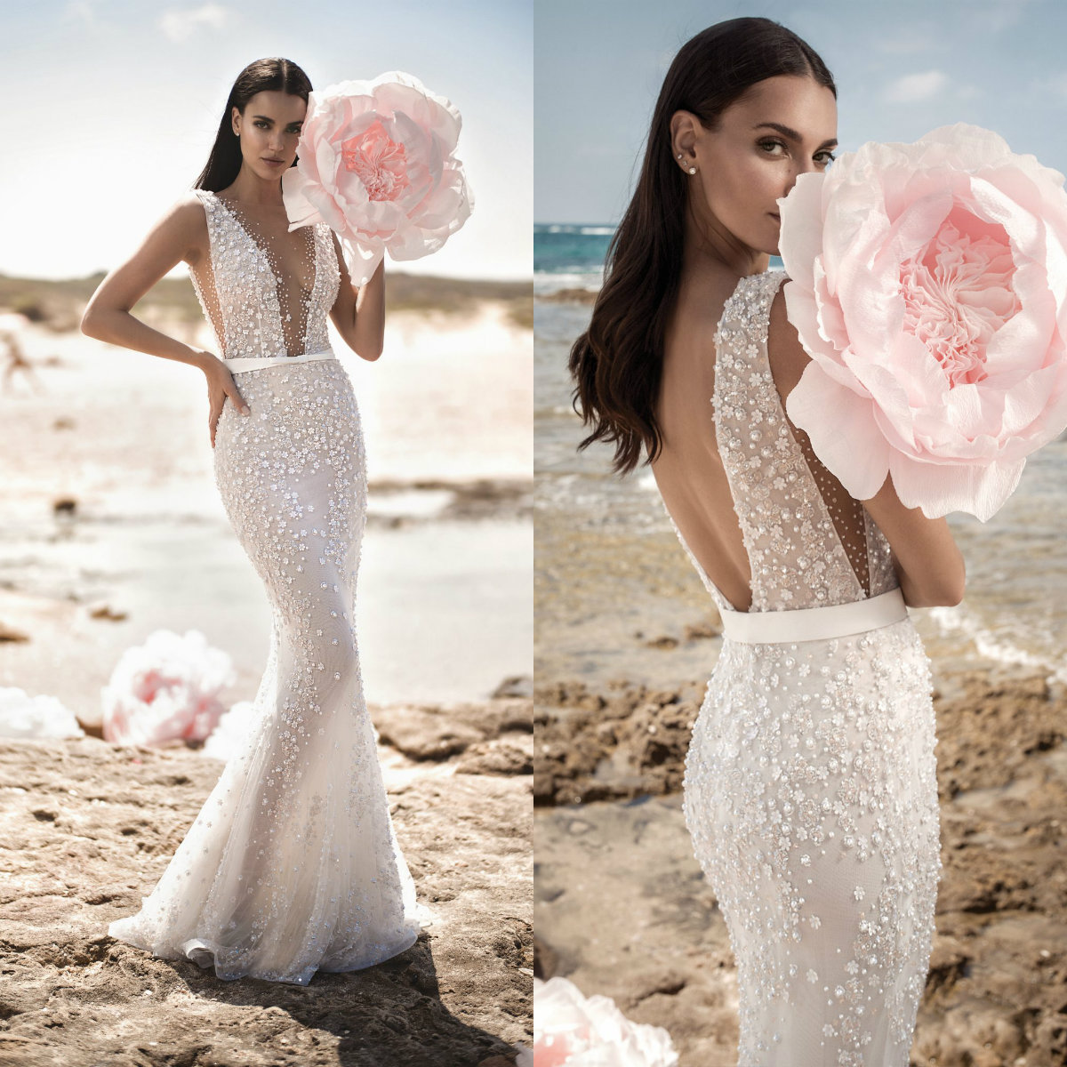 Luxury Mermaid Wedding Dresses Backless Sheer Deep V Neck Appliqued Beads Beach Wedding Dress robe de mariée