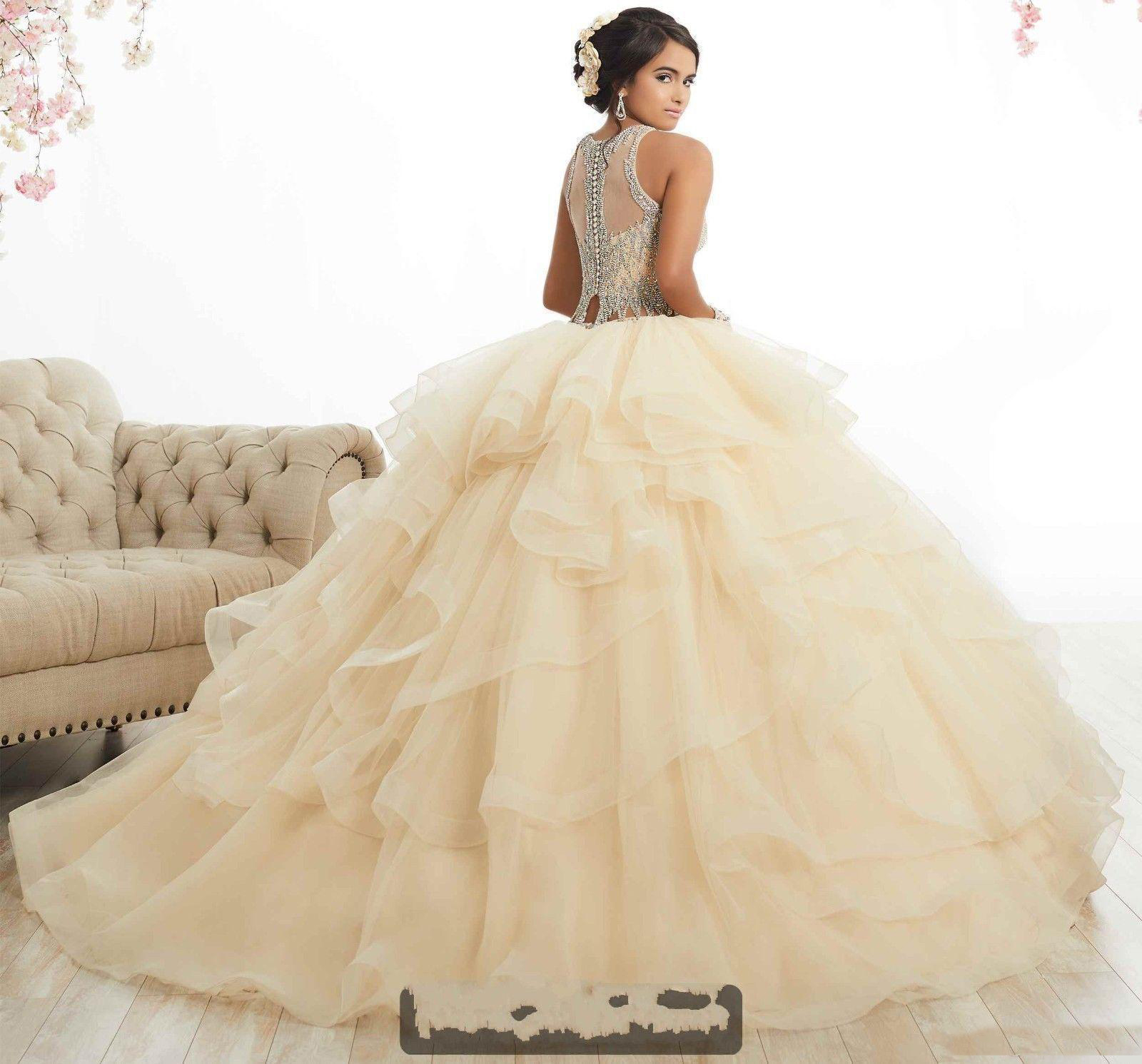 Luxury Beading Quinceanera Dresses 2019 New Ball Gown Princess Prom Party Dresses Crew Neck Long Organza Long Evening Gowns