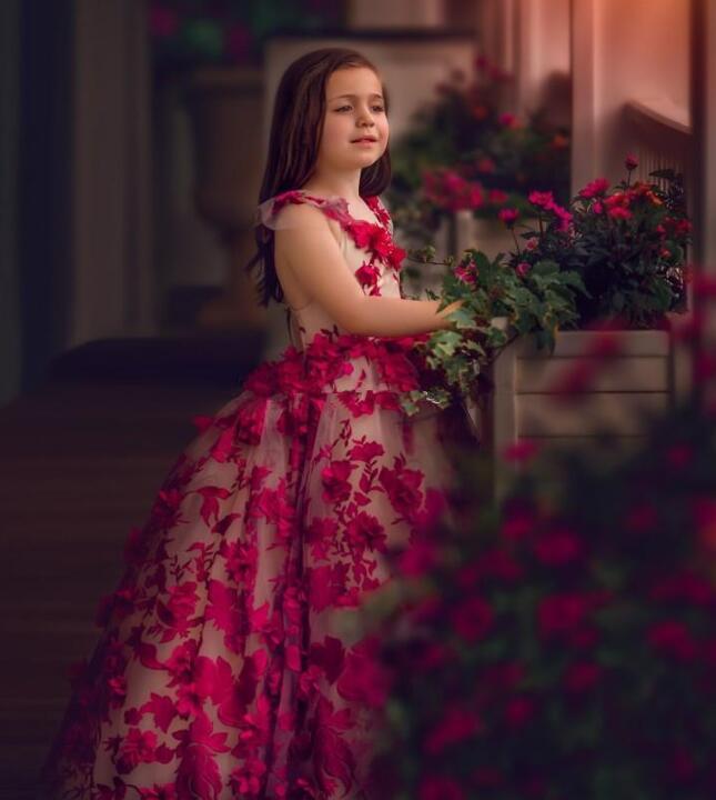 Cute 3D Floral Appliqued Little Girls Pageant Dresses Ball Gown Flower Girl Dress For Wedding Jewel Neck Tulle First Communion Gowns