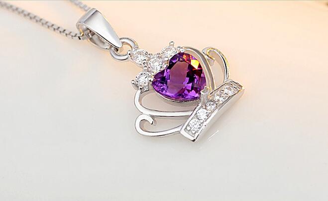 925 Sterling Silver Jewelry Austrian Crystal Crown Wedding Pendant Purple/Silver Water Wave Necklace GB1460