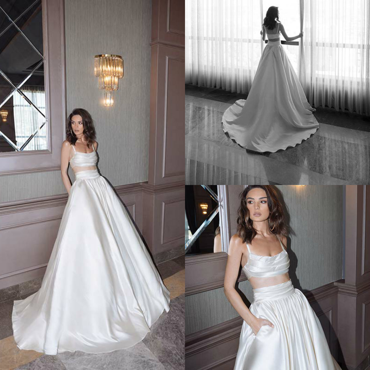 Two Pieces Wedding Dresses A Line Charmeuse Wedding Dress with Pockets Sweep Length Custom Made Robes De Mariée