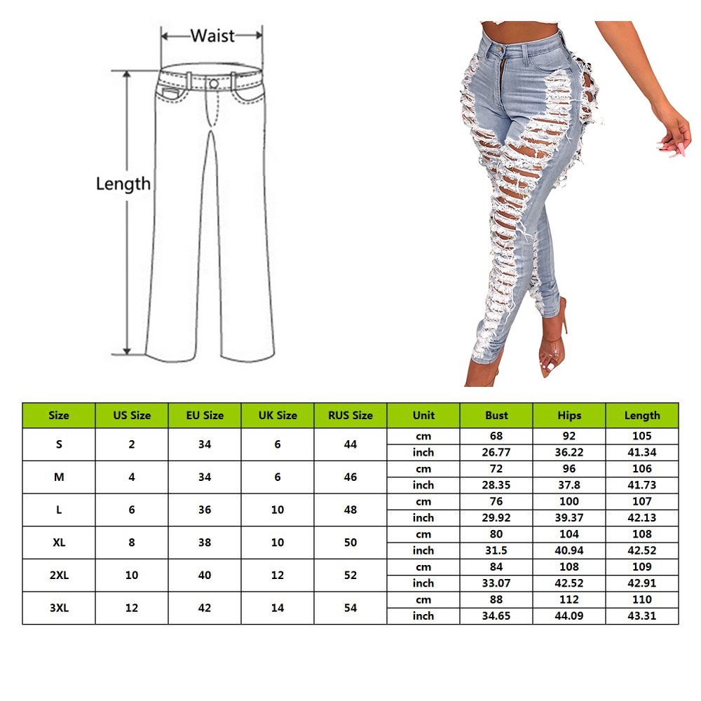 Women Sexy Ripped Hole Jeans Fashion Casual Washed Denim Pants Femme Destroyed High Waist Skinny Pencil Pants Bodycon Trouser