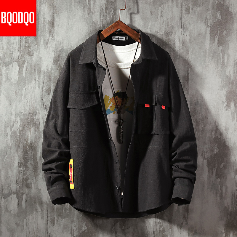 BQODQO Army Green Fashion Streetwear Blouse Men White Double Pocket Oversized Casual Shirt Male Autumn Long Sleeve Cotton Shirts