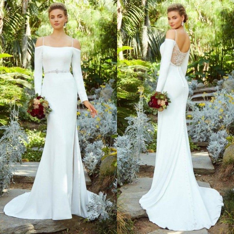 2019 New Pattern Off The Shoulder Long Sleeve Mermaid Wedding Dress Bridal Gown Sheer Lace Back Side Split Crytal Beading Waist White Wear