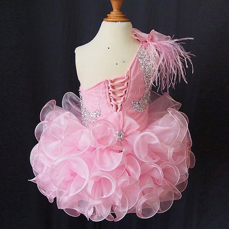One Shoulder Girls Pageant Dress Ruffle Organza Beads Lace Up Sequins Prom Birthday Party Dress Toddler Dresses